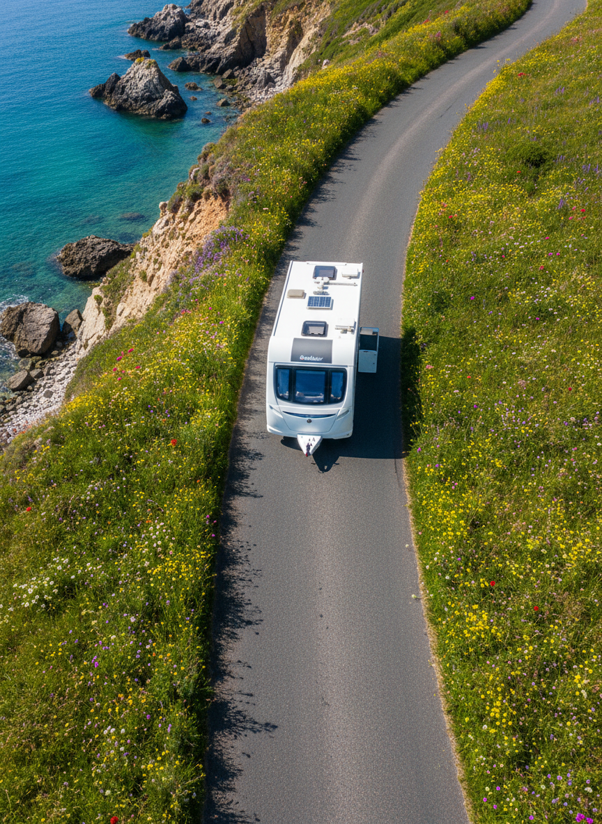 An overhead, bird’s-eye view of a winding coastal road with a white Bailey Unicorn Cadiz caravan being towed by an unseen vehicle, implied only by the tow bar leading off-frame. The caravan contrasts sharply against the dark tarmac, with wildflower-lined verges and glimpses of turquoise sea and rugged cliffs beyond. Bright midday sunlight produces crisp, short shadows and vivid colours, highlighting the caravan’s clean lines and roof vents. Photographic realism with a wide, cinematic composition emphasizing the curve of the road and the sense of movement. The atmosphere is light-hearted and adventurous, as if tracing Helen’s and the narrator’s playful route along a scenic coastline without ever showing them directly.