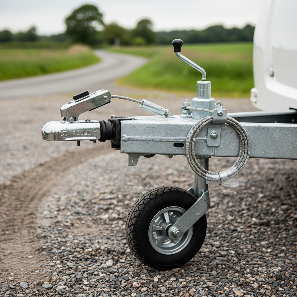 The polished hitch and A-frame of a Bailey Unicorn Cadiz caravan in extreme close-up, showing the textured metal, safety cables, and jockey wheel against a gravel campsite entrance. Tiny stones and tyre tracks create rich texture under soft overcast daylight, which gently diffuses across the metal surfaces, reducing harsh reflections and revealing every small detail. The background is artfully blurred, with suggestion of a winding lane and green fields beyond. Photographic realism with a shallow depth of field, shot from a low angle that makes the hitch look almost heroic and ready to roll, giving a playful, quietly exciting sense of a journey about to begin.