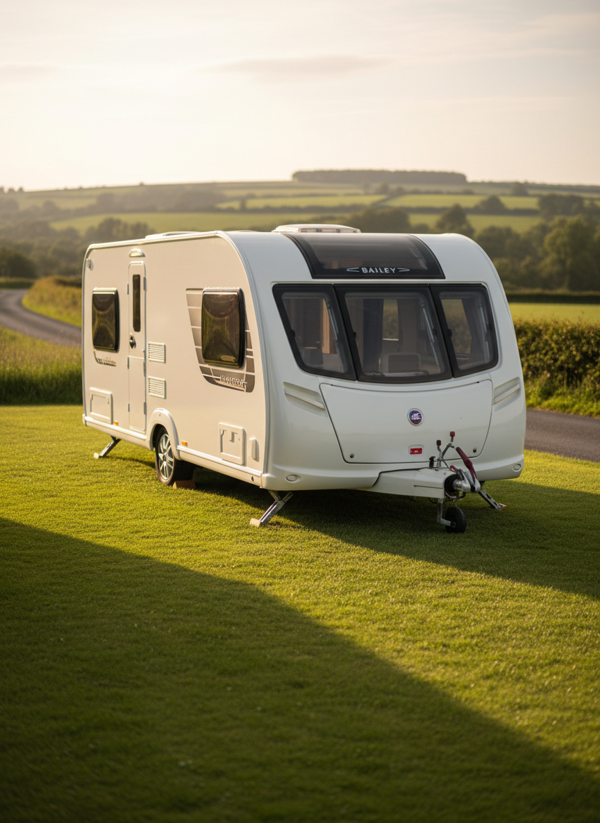 A gleaming white Bailey Unicorn Cadiz caravan with silver trim and distinctive curved front window, parked on a neatly trimmed grassy pitch beside a quiet country lane. The caravan’s stabiliser legs are down and an awning rail runs along its side, with chocks snug against the tyres. Late afternoon golden hour sunlight bathes the scene, catching subtle reflections on the caravan’s smooth sides and casting long playful shadows across the grass. In the softly blurred background, hints of rolling green hills and hedgerows suggest open countryside. Photographic realism, shot at eye level with a gentle wide-angle lens, crisp focus on the caravan and a mild bokeh to create a welcoming, adventurous atmosphere.
