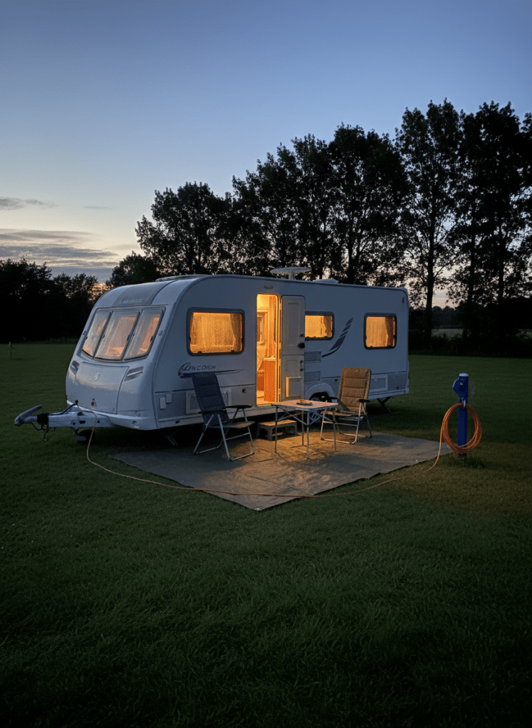 A cozy caravan pitch at dusk featuring a Bailey Unicorn Cadiz caravan with its interior lights warmly glowing through the frosted windows, creating a soft amber hue. Outside, a small folding table and two empty camping chairs sit on a green groundsheet beside the caravan’s open door, with a neatly coiled electric hook-up cable leading to a blue bollard. The sky is a deepening blue, with the last traces of sunset fading behind distant tree silhouettes. Photographic realism with a slightly elevated angle, capturing both caravan and immediate surroundings in sharp focus. The mood is playful yet peaceful, as if inviting viewers to imagine the stories and laughter that usually fill this snug little travelling home.
